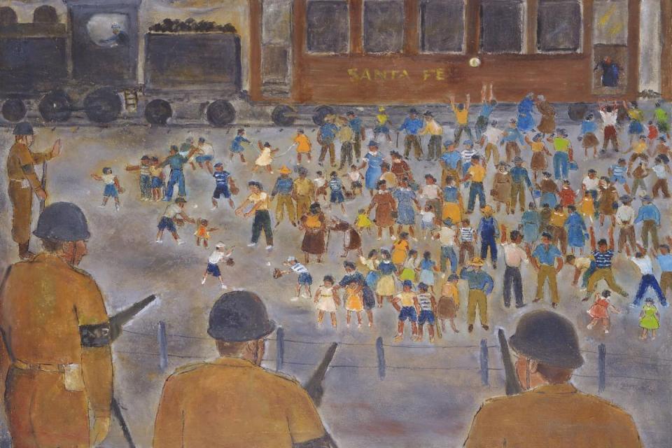 Henry Sugimoto painting of incarcerees getting a Fresh air break on the trip from Fresno to Jerome